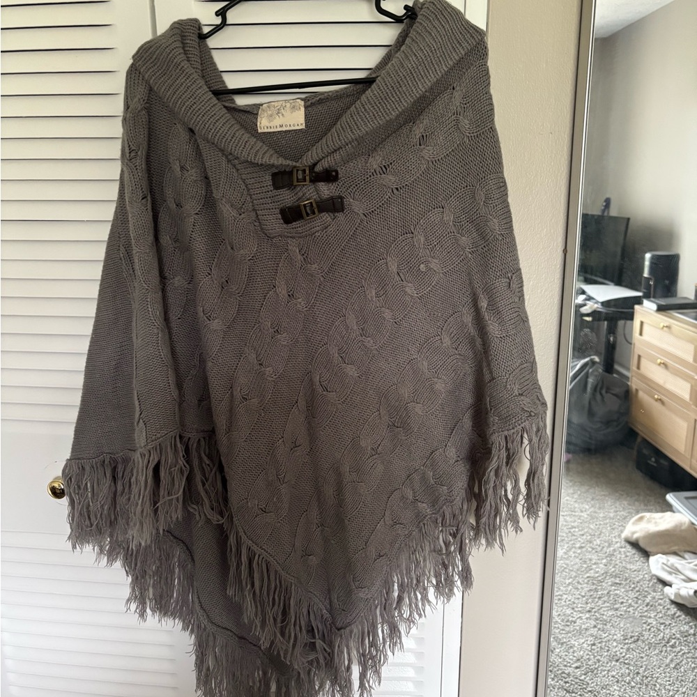 Debbie Morgan Charcoal Knit Poncho with Fringe